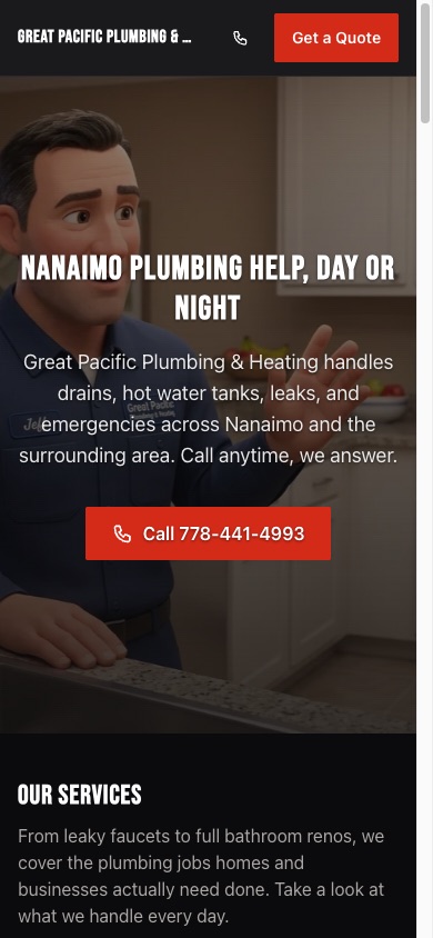 The Great Pacific Plumbing sample site on a phone: a Nanaimo plumber home page with a headline and a call button.